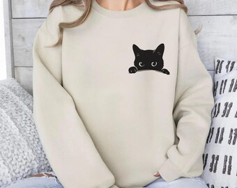 Cute Cat Sweatshirt, Black Cat Shirt, Cat Peeking Sweatshirt