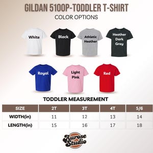 May include: A product image showcasing Gildan 5100P toddler t-shirts in various colors: white, black, athletic heather, heather dark gray, royal blue, light pink, and red. Measurements are provided in inches for sizes 2T to 5/6. The Aurose Studio logo is at the bottom.