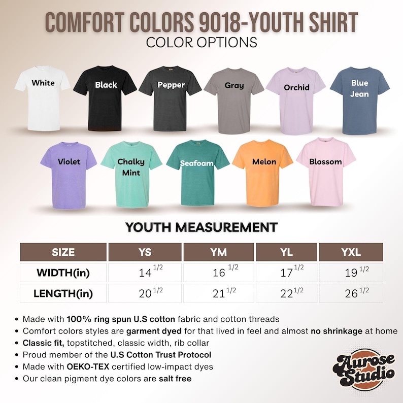 K&ouml;nnte beinhalten: Produktbild mit Comfort Colors 9018 Jugend-Shirts in verschiedenen Farben, darunter Wei&szlig;, Schwarz und Blue Jean. Das Bild zeigt Farboptionen und Jugendma&szlig;e in Zoll. Die Shirts sind aus ringgesponnener Baumwolle und haben eine klassische Passform.