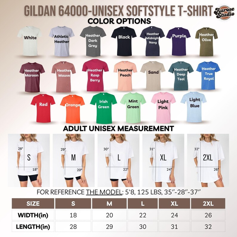 May include: A chart showing the color options and size measurements for Gildan 64000 Unisex Softstyle T-shirts. The chart shows 20 different color options for the t-shirts, including white, black, heather grey, purple, olive, maroon, mauve, raspberry, peach, sand, teal, royal, red, orange, Irish green, mint green, light pink, and light blue. The chart also shows the size measurements for the t-shirts, including small, medium, large, extra large, and 2XL. The measurements are given in inches. The chart also includes a reference model with their height, weight, and measurements.