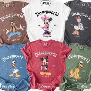 May include: Collection of six Comfort Colors t-shirts featuring Disney characters. Each shirt displays "Disneyworld" with a character graphic and "Florida" below. Colors include espresso, white, pepper, blue jean, crimson, and moss.