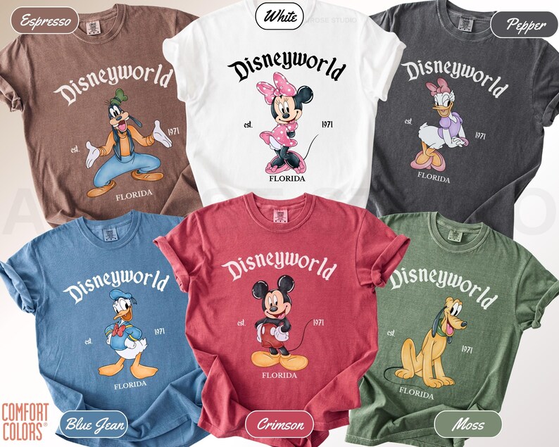 May include: Collection of six Comfort Colors t-shirts featuring Disney characters. Each shirt displays "Disneyworld" with a character graphic and "Florida" below. Colors include espresso, white, pepper, blue jean, crimson, and moss.