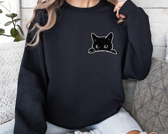 Cute Cat Sweatshirt, Black Cat Shirt, Cat Peeking Sweatshirt