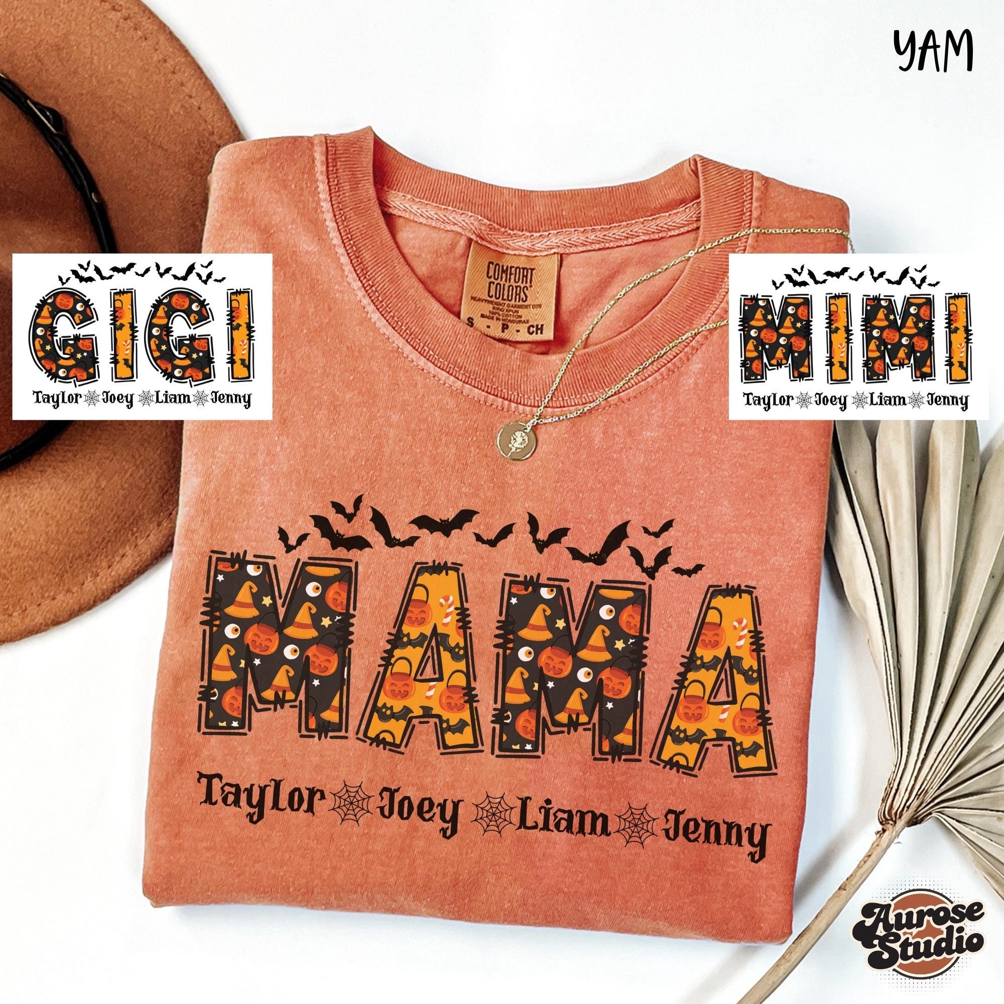 Custom Comfort Colors® Halloween Mama Shirt with Kids Name, Halloween Mimi Gigi Shirt, Spooky Mama Shirt, Personalized Mama Halloween Shirt