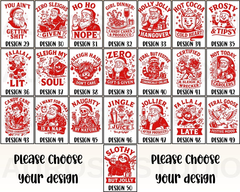 Pu&ograve; includere: Una collezione di ventidue disegni grafici rettangolari in inchiostro rosso su sfondo bianco, ognuno con illustrazioni a tema natalizio e didascalie umoristiche etichettate dal design 29 al 50, disposti in una griglia.