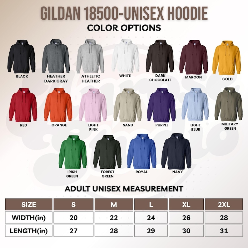 May include: A display of Gildan 18500 unisex hoodies in various colors, including black, gray, white, and red. The image also shows size and measurement details, with widths ranging from 20 to 28 inches and lengths from 27 to 31 inches.