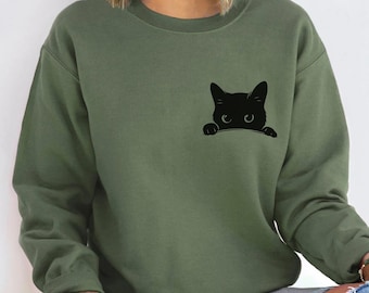 Cute Cat Sweatshirt, Black Cat Shirt, Cat Peeking Sweatshirt, Funny Womens Sweatshirt, Gift for Cats Lover, Cat Mom Sweatshirt