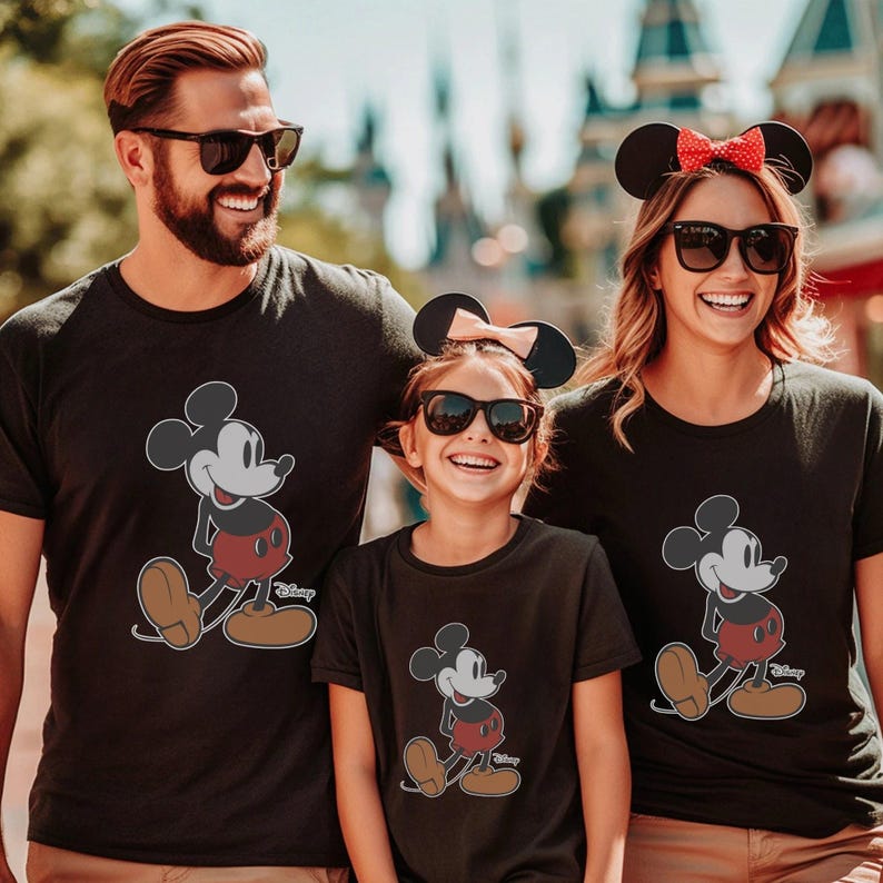 May include: Three people wearing black t-shirts featuring a Mickey Mouse graphic. The cartoon character is depicted in a classic pose with red shorts, brown shoes, and white gloves. The family is smiling and wearing sunglasses.