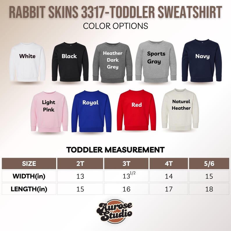 Puede incluir: Exhibici&oacute;n de sudaderas para ni&ntilde;os peque&ntilde;os en varios colores, incluyendo blanco, negro, gris, azul marino, rosa, rojo y jaspeado. La imagen tambi&eacute;n muestra detalles de tallas y medidas en cm para cada talla de sudadera, de 2T a 5/6.