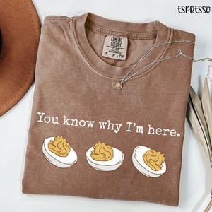 May include: Espresso-colored t-shirt with the text "You know why I'm here." and three deviled egg illustrations. The shirt has a crew neck and short sleeves. A silver necklace with a pendant is draped across the shirt.
