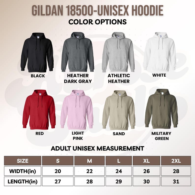 May include: A display of Gildan 18500-Unisex Hoodies in various colors: black, heather dark gray, athletic heather, white, red, light pink, sand, and military green. Includes size and measurement details in inches for adult unisex sizes.