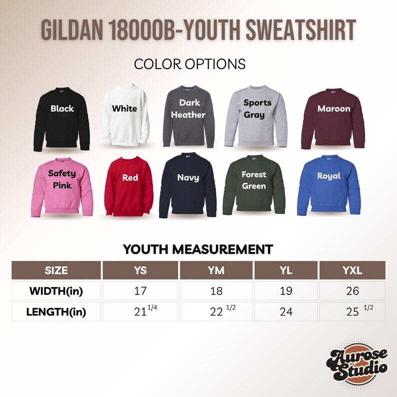 Puede incluir: Imagen de una sudadera juvenil Gildan 18000B en varios colores: negro, blanco, gris oscuro, gris deportivo, granate, rosa de seguridad, rojo, azul marino, verde bosque y azul real. Se incluyen medidas en pulgadas para el ancho y largo.