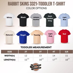 May include: A chart showing toddler t-shirt color options and size measurements. The color options include white, black, athletic heather, dark heather gray, light blue, natural, royal blue, peachy, light pink, and red. The size measurements are 2T, 3T, 4T, and 5/6. The width measurements are 12, 13, 14, and 15 inches. The length measurements are 15 1/2, 16 1/2, 17 1/2, and 18 1/2 inches.