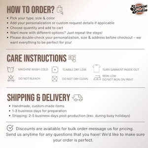 May include: A white graphic with text detailing how to order, care instructions, and shipping information. The text includes instructions for picking a type, size, and color, and washing instructions. The Aurose Studio logo is in the upper right corner.