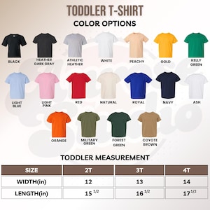 May include: A product image showcasing a variety of toddler t-shirts in various colors, including black, white, and blue. The image also displays size and measurement information, with widths ranging from 12 to 14 inches and lengths from 15 1/2 to 17 1/2 inches.