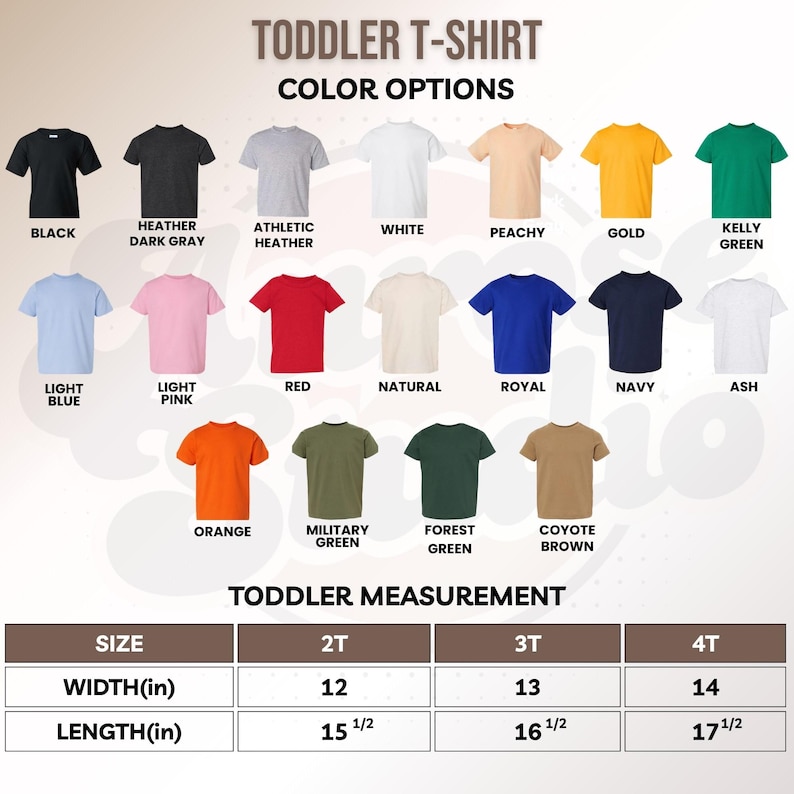May include: A product image showcasing a variety of toddler t-shirts in various colors, including black, white, and blue. The image also displays size and measurement information, with widths ranging from 12 to 14 inches and lengths from 15 1/2 to 17 1/2 inches.