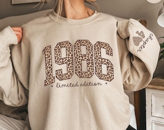 1986 Retro Birthday Sweatshirt, Leopard 40th Birthday Gifts for Women, Christmas Gift for Mom Fortieth Sweater Born, Gift for Her