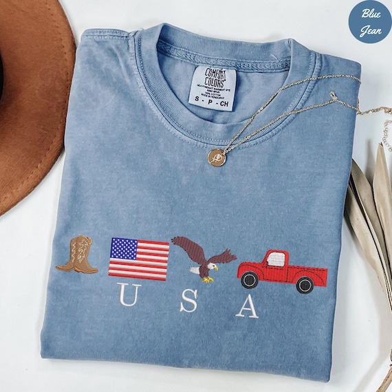 Embroidered USA Shirt: Comfort Colors® 4th of July T-shirt, America Icons Cowboy Boots, Cowboy Hat, Pickup Truck, Eagle Embroidery Tee