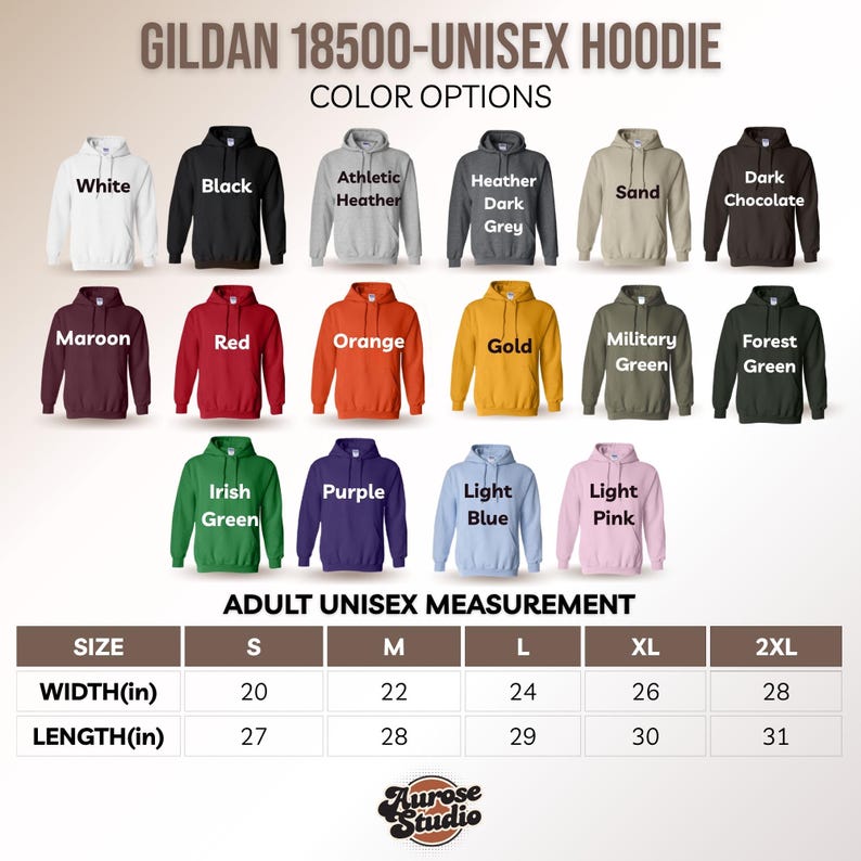 May include: A display of Gildan 18500 unisex hoodies in various colors, including white, black, and red. The image also shows a size chart with measurements in inches, ranging from S to 2XL, with widths from 20 to 28 inches.