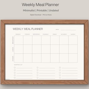 Minimalistische maaltijdplanner | Wekelijkse afdrukbare pdf | A4-indeling met boodschappenlijstje | Sjabloon voor eenvoudige maaltijdbereiding | Digitale download