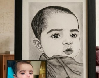 Spersonalizowany portret dziecka ze zdjęcia, ręcznie robiony szkic ołówkiem, spersonalizowany rysunek noworodka, rysunek węglem i grafitem