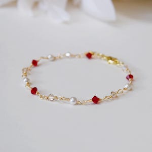 July birthstone bracelet | Ruby and pearl wire wrapped bead bracelet | Dainty birthstone jewelry gift for her | July birthday gift for mom