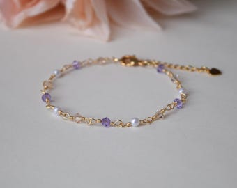 June birthstone bracelet | Alexandrite dainty wire wrapped bead bracelets | Purple pearl silver gold birthday birthstone jewelry gift