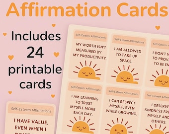 Self-Esteem Affirmation Cards Printable, 24 Positive Notecards (PDF)