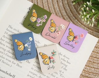 Butterfly Bookmark with Birth Flower,Name Leather Bookmark, Leather Magnetic Bookmark Gift,Book Accessories Gift for Reader,Wedding Gifts