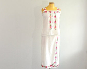 Jaren '90 Mexicaanse witte bloemen bijpassende top en rok set//medium groot