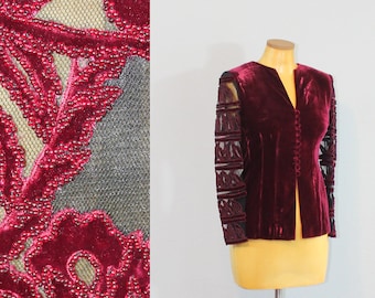 1980s Burgundy Velvet Beaded Designer Blouse with Sheer Back Panel // Extra Small