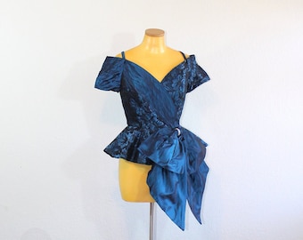 1980s Blue Lace and Bow Off the Shoulder Evening Blouse // Small