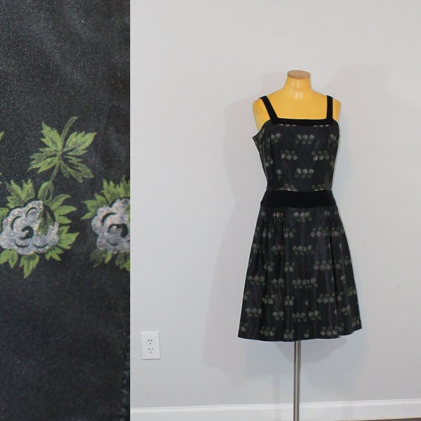 1950s Doris Dodson Screen-Printed Black Floral Formal Dress // Medium