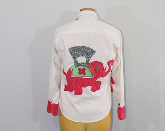 1970s Towncraft Elephant & Flower Applique Button Up Blouse // Extra Small