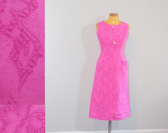 1950s Barbie Pink Floral Cotton Dress with Rhinestone Buttons // Small