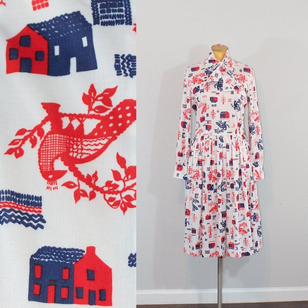 1970s Young Society House & Bird Print A-Line Dress // Medium