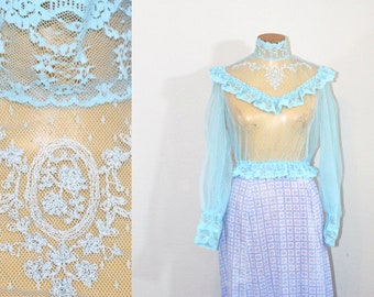 1970s Sheer Light Blue Victorian Style Lace Blouse // Extra Small to Small