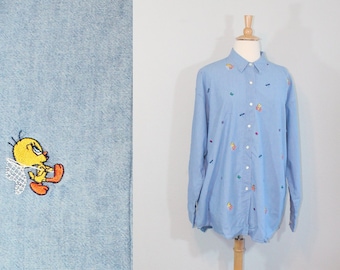 1990s NWT Looney Tunes Tweety Bird Button Up Chambray Blouse // XXL