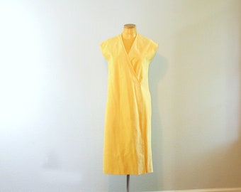 1980s Bill Blass Faux Ultra Suede Buttercup Yellow Wrap Dress // Medium 8