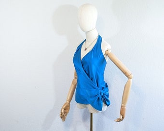 1980s Andrea Odicini Blue Silk Charmeuse Wrap Halter Top // Extra Small