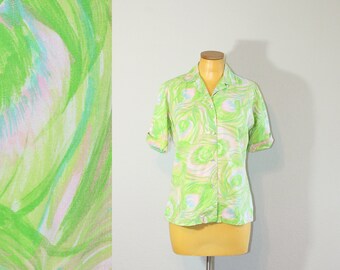 1960s Cotton Peacock Feather Print Button-Up Blouse // Medium