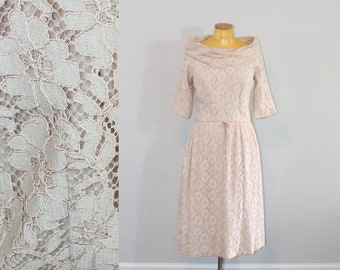 1960s Cream Alencon Lace Dress with Matching Cowl // Medium