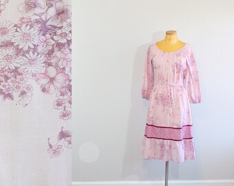 1970s Pink Peasant Floral Dress with Butterflies // Medium