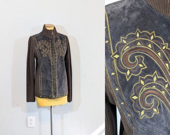 1990s Bob Mackie Wearable Art Brown Suede & Knit Jacket // Extra Small