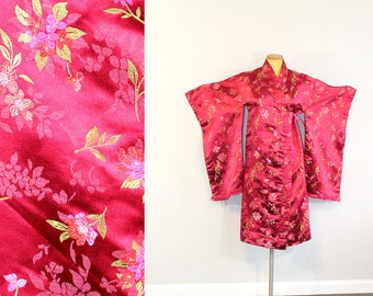 1990s Red Satin Floral Kimono Robe/Jacket/Dress // Small or Medium