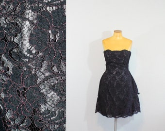 1980s Victor Costa Black Lace Strapless Bustled Party Dress // NOS // Small