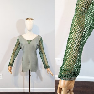 1990s Michael Faircloth Couture Sage Green Beaded Sleeve Silk Blouse // Large