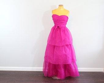 1970s Raspberry Chiffon Tiered Strapless Ball Gown // Extra Small