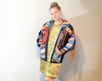 1990s Quilt Patchwork Jacket with Suede Fringe // Large