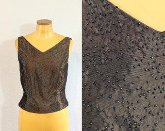 1990s Ann Taylor Shiny Dark Green Beaded Tank Top // Small